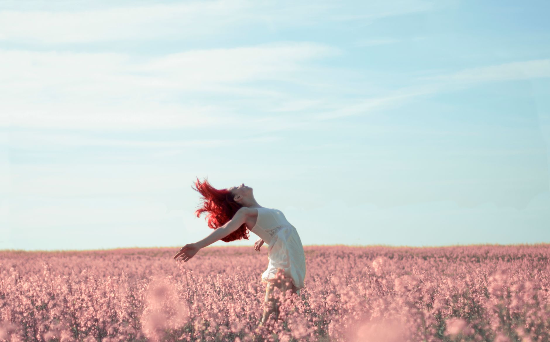 woman in yellow dress standing on pink petaled flower field